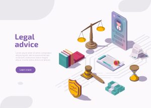 Legal advice or advocate attorney service isometric landing page