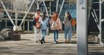 Education campus, students and walking at college to class