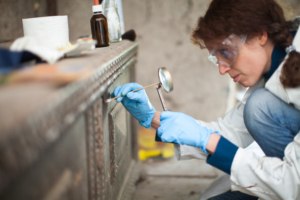 Female Adult Restorer Impregnates Wooden Old Traditional Slovenian Chest with Anti-Worm Coating
