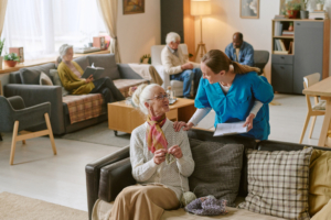 Woman Sharing Progress in Crocheting
