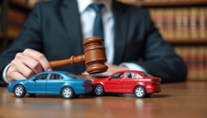 Lawyer uses gavel on car crash models in office courtroom. Legal case over vehicle accident. Justice for traffic, collision dispute. Insurance claim settlement.