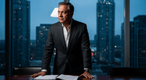 a man standing in front of large windows with a city skyline view.
