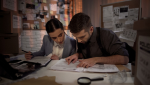 Two defense lawyers working overnight and finding answer in top secret files