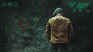 Back view, man in a hoodie and leather jacket standing against a dark background featuring a forex or trading chart. Empty space for text, copy space.