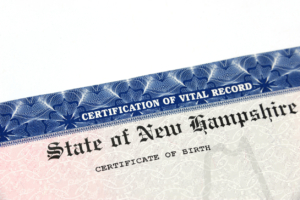 close up on birth certificate of New Hampshire state