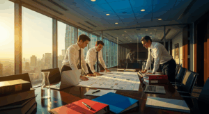 a group of business people meeting in a modern office with a large window overlooking a city landscape