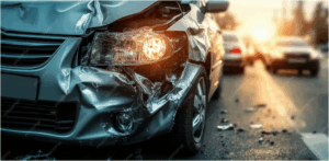 aftermath of a car accident, specifically showing severe front-end damage to a vehicle