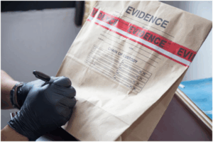 a person filling out an evidence bag
