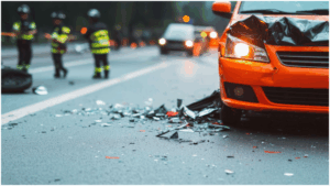 orange car with severe front-end damage