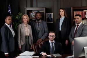 a group of legal professionals posing for a corporate portrait in an office setting