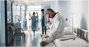 A mature male doctor in a white lab coat is sitting on a hospital bed in a hallway
