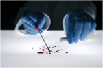 a forensic analyst collecting biological evidence, specifically a blood sample, at a crime scene