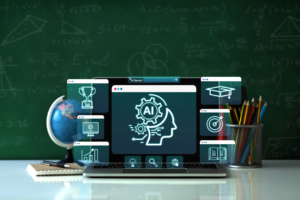 AI Artificial Intelligence for Education technology concept, E-learning technology, education icons on virtual screen. online learning, E-book. certificates, webinar. Generative AI-enhanced learning.