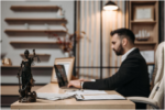 Statue of Lady Justice sitting on a wooden desk next to a laptop and legal documents in a lawyer's office