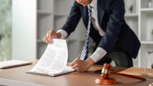 Young Asian lawyer reviewing and signing legal contract documents at office desk, focusing on law practice.