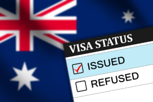 Visa status showing issued with Australia flag waving in the backdrop. Austrlia visa issued background concept