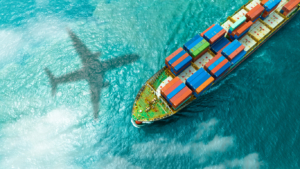 Aerial view of the freight shipping transport system cargo ship container. international transportation Export-import business, logistics, transportation industry concepts