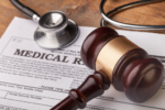 Wooden gavel and stethoscope on wooden background