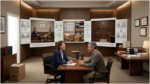 Two professionals collaborating or reviewing digital display screens in a modern, wood-paneled office environment