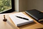 Wooden desk prepared for writing or signing official documents