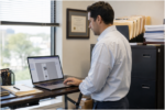 Person working on a laptop at a standing desk in an office