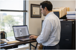 Person working on a laptop at a standing desk in an office