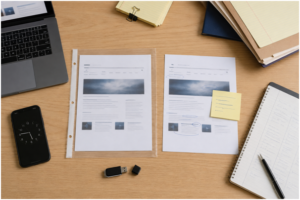 Wooden office desk featuring white document papers, a smartphone, a laptop, and a notepad