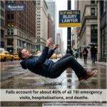 Man slipping and falling on a wet city sidewalk beneath an injury lawyer advertisement sign