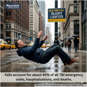 Man slipping and falling on a wet city sidewalk beneath an injury lawyer advertisement sign