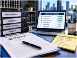 Professional workspace set up with a laptop, a signed document on a clipboard, and labeled filing trays