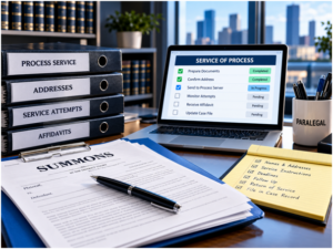 Professional workspace set up with a laptop, a signed document on a clipboard, and labeled filing trays