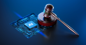 Artificial Intelligence AI and Legal Systems: Judge's Gavel Hammer as a Symbol of Law and Order with Processor CPU AI Chip