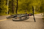 Dark-colored bicycle lying on the ground next to a paved path or road near trees