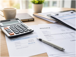 Wooden desk with a calculator, a pen, and various financial documents, invoices, and papers