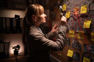 Woman detective by evidence board studying leads for investigation and criminal case working in office at night . Female Investigator problem solving with crime analysis.